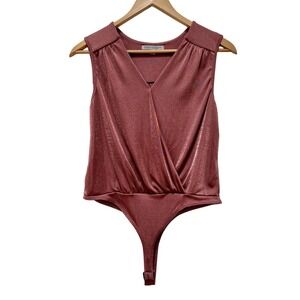 GREEN ENVELOPE Women's Rose‎ Gold Metallic Faux Wrap Bodysuit Thong Snap Closure
